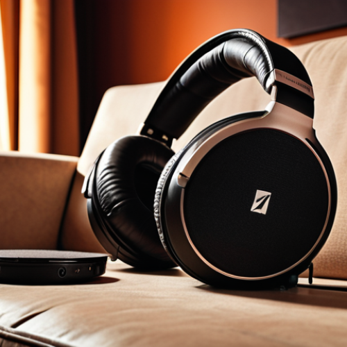**

*Prompt:* High-end Sennheiser headphones on a cozy couch, dramatic lighting highlighting the detail, background is a modern living room with strategically placed speakers, warm color palette, evoke a sense of audiophile luxury.

**