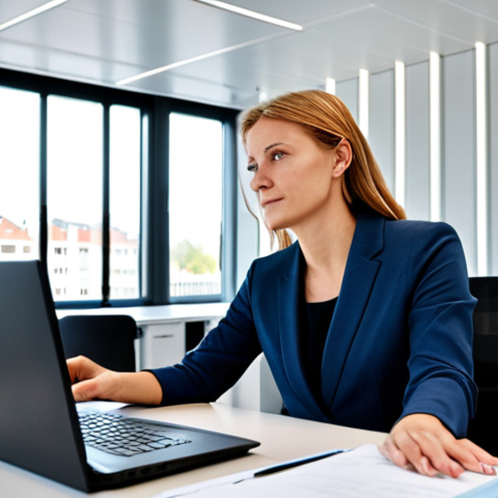 A professional German businesswoman in an elegant, modest business suit, fully clothed, professional dress, working calmly at a sleek desk in a modern, well-lit open-plan office in Germany. The office features acoustic wall panels, sound-absorbing ceiling tiles, and stylish acoustic room dividers, creating a calm and focused atmosphere. Perfect anatomy, correct proportions, well-formed hands, proper finger count, natural body proportions. Professional photography, high resolution, detailed, realistic, safe for work, appropriate content, professional.