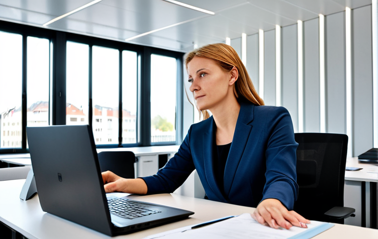 A professional German businesswoman in an elegant, modest business suit, fully clothed, professional dress, working calmly at a sleek desk in a modern, well-lit open-plan office in Germany. The office features acoustic wall panels, sound-absorbing ceiling tiles, and stylish acoustic room dividers, creating a calm and focused atmosphere. Perfect anatomy, correct proportions, well-formed hands, proper finger count, natural body proportions. Professional photography, high resolution, detailed, realistic, safe for work, appropriate content, professional.