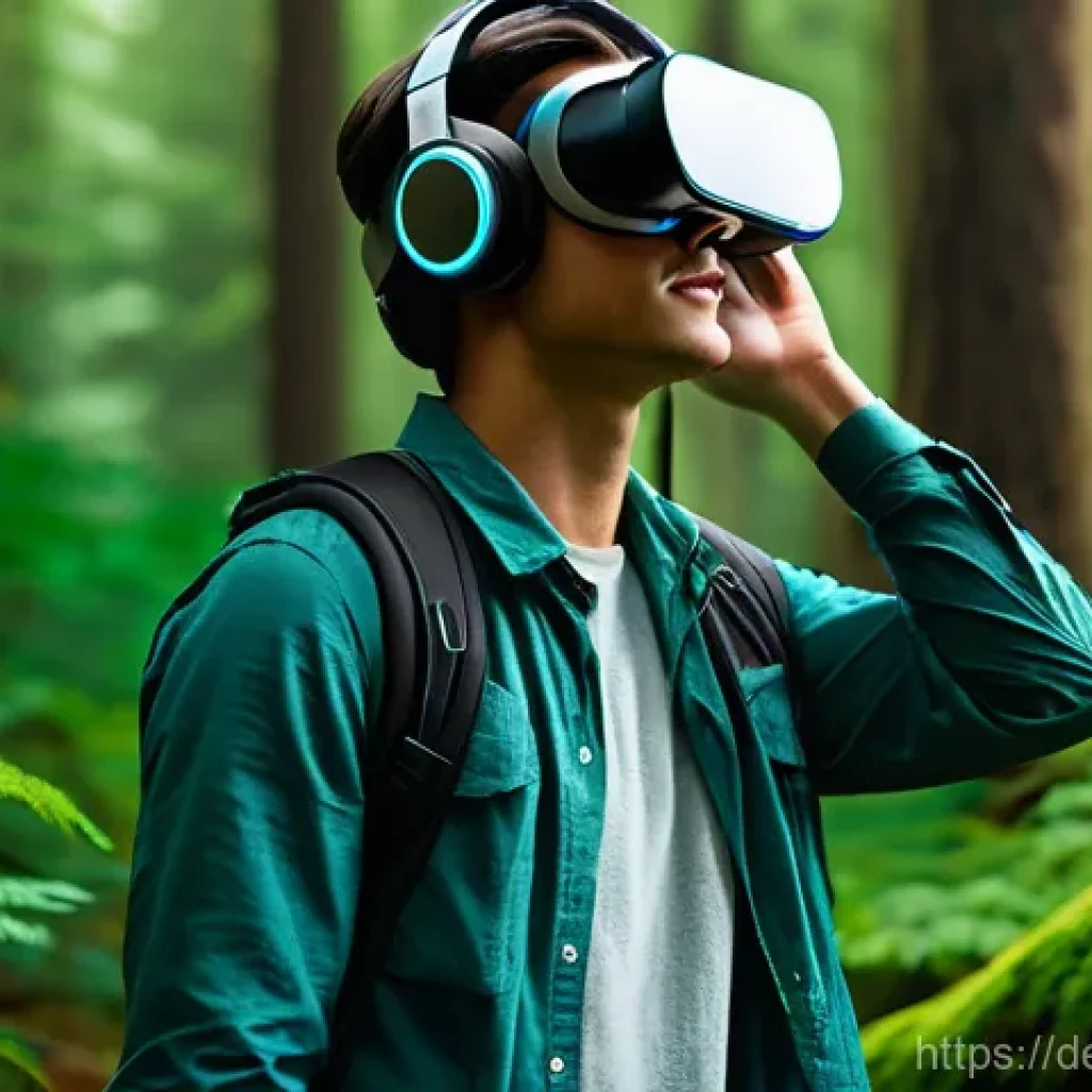 가상 현실에서의 공간음향 디자인 적용 - **Prompt 1: Immersive Forest Exploration with 3D Audio**
    "A young adult, wearing a modern virtua...
