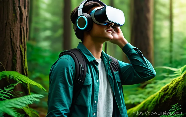 가상 현실에서의 공간음향 디자인 적용 - **Prompt 1: Immersive Forest Exploration with 3D Audio**
    "A young adult, wearing a modern virtua...