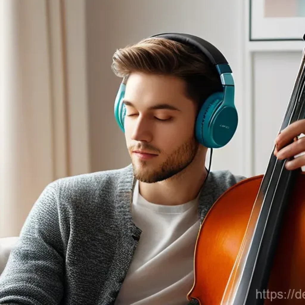 공간음향 디자인에서의 제품 이점 분석 - A young adult, wearing stylish, comfortable over-ear headphones, is seated in a cozy, modern living ...