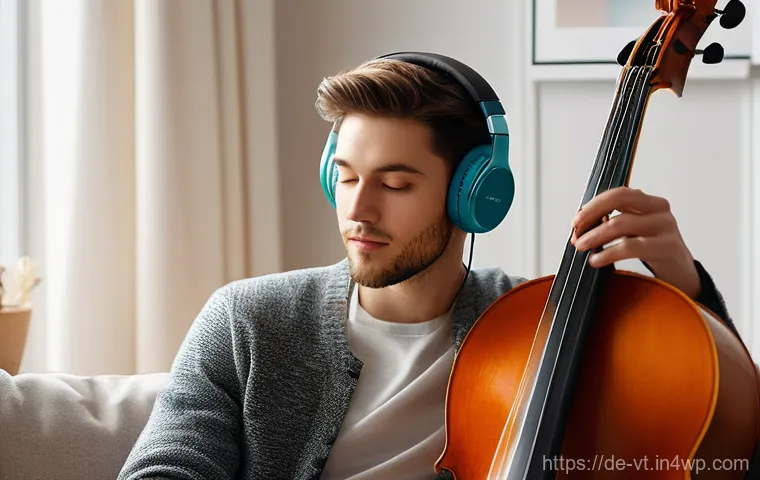 공간음향 디자인에서의 제품 이점 분석 - A young adult, wearing stylish, comfortable over-ear headphones, is seated in a cozy, modern living ...