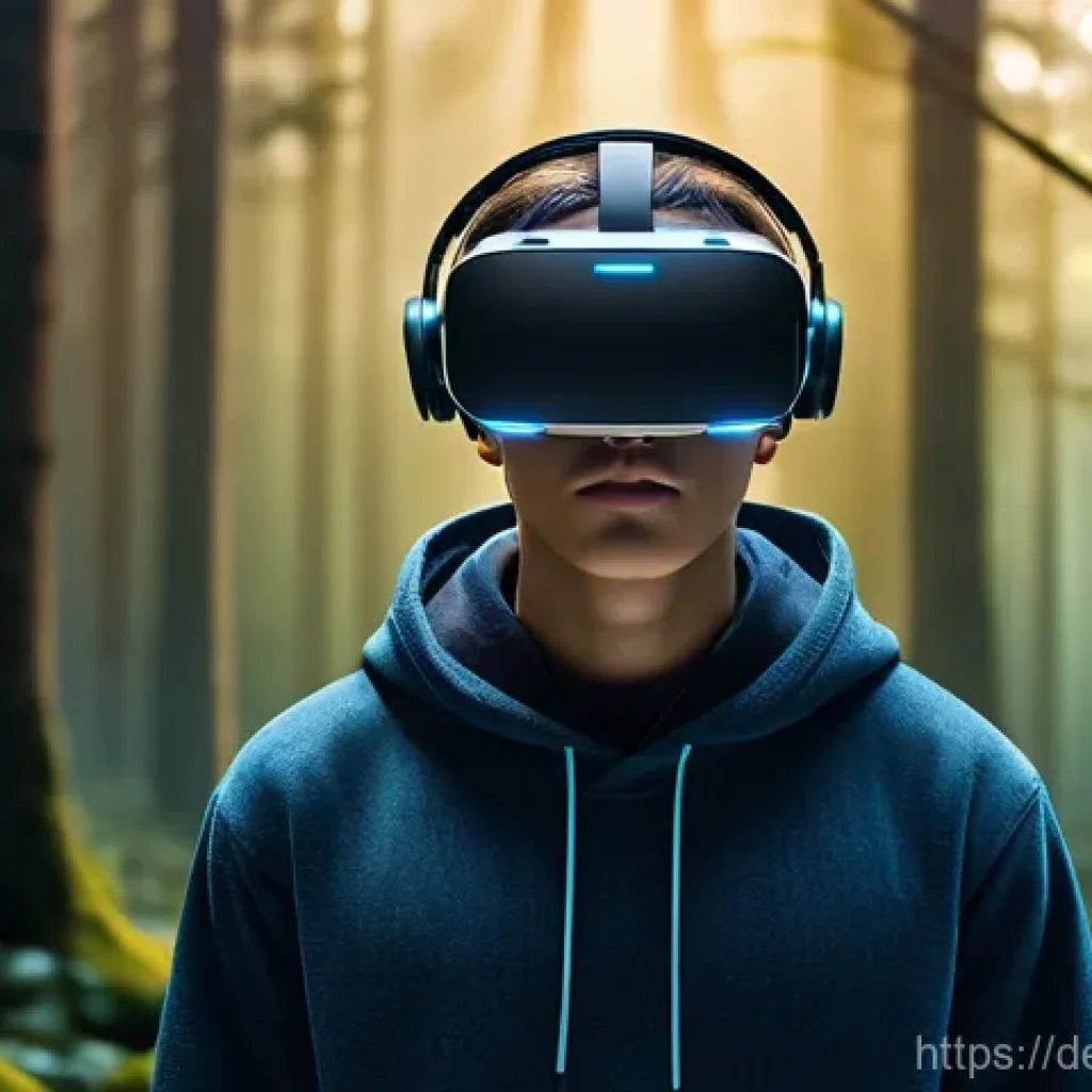 공간음향 디자인에서의 피드백 시스템 구축 - **Immersive Dynamic Soundscape Experience:** A young adult, gender-neutral, wearing a sleek, futuris...