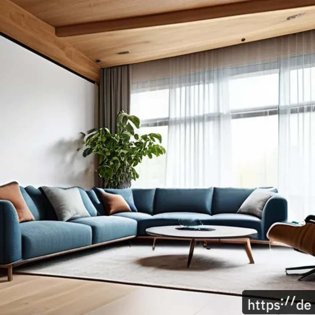 공간음향 디자인의 기법 비교 - A modern living room designed for optimal acoustics, featuring asymmetrical walls and a slanted ceil...