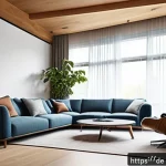 공간음향 디자인의 기법 비교 - A modern living room designed for optimal acoustics, featuring asymmetrical walls and a slanted ceil...