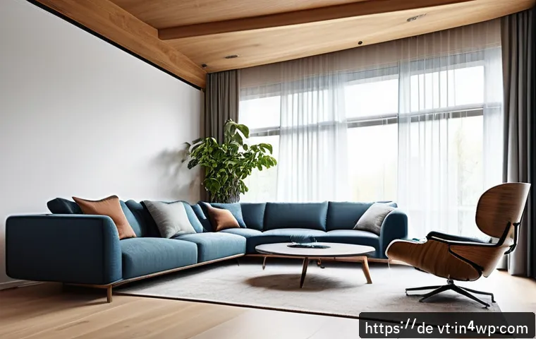 공간음향 디자인의 기법 비교 - A modern living room designed for optimal acoustics, featuring asymmetrical walls and a slanted ceil...
