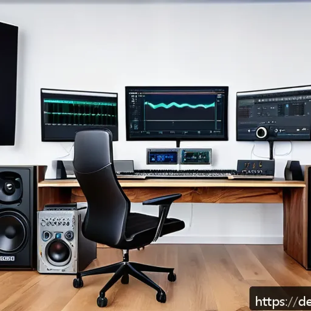 공간음향 디자인을 위한 필수 도구 - A modern professional music studio with a sleek digital audio workstation setup featuring a large to...
