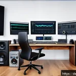 공간음향 디자인을 위한 필수 도구 - A modern professional music studio with a sleek digital audio workstation setup featuring a large to...