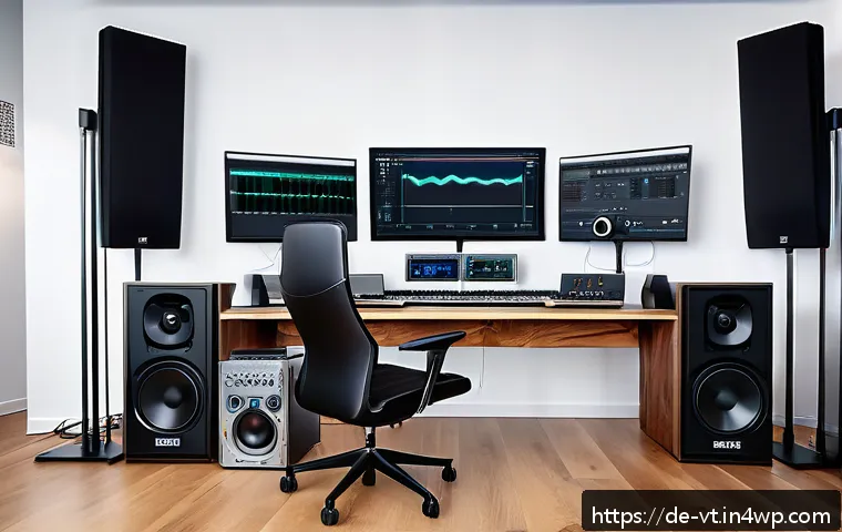 공간음향 디자인을 위한 필수 도구 - A modern professional music studio with a sleek digital audio workstation setup featuring a large to...