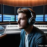 공간음향 디자인의 연구 동향 - A modern music studio scene showing a young German music producer wearing high-quality headphones wi...