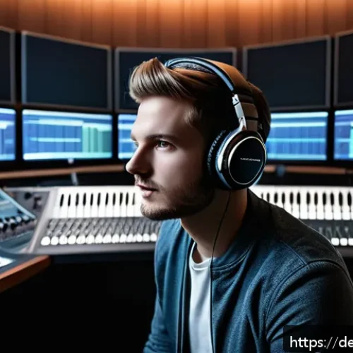 공간음향 디자인의 연구 동향 - A modern music studio scene showing a young German music producer wearing high-quality headphones wi...