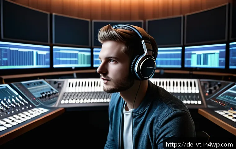 공간음향 디자인의 연구 동향 - A modern music studio scene showing a young German music producer wearing high-quality headphones wi...