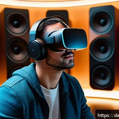 공간음향 디자인의 성과 평가 기준 - A modern virtual reality headset user immersed in a detailed 3D soundscape environment, wearing casu...