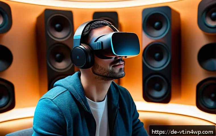 공간음향 디자인의 성과 평가 기준 - A modern virtual reality headset user immersed in a detailed 3D soundscape environment, wearing casu...