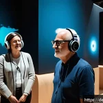 공간음향 디자인의 정책적 대응 - A modern museum exhibition scene in Germany showcasing Spatial Audio technology: diverse visitors of...