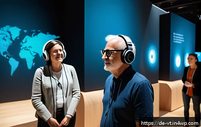 공간음향 디자인의 정책적 대응 - A modern museum exhibition scene in Germany showcasing Spatial Audio technology: diverse visitors of...