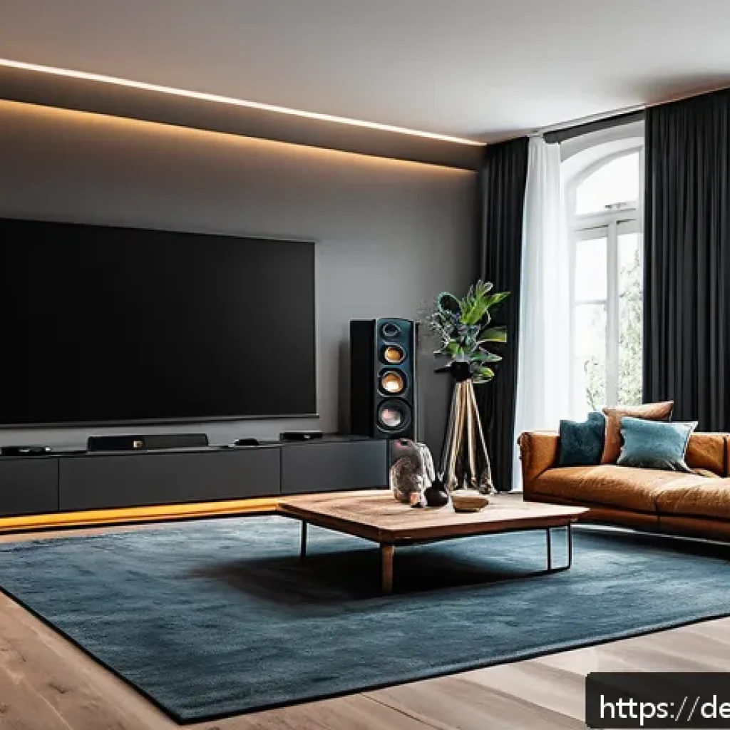 공간음향 디자인의 성과와 평가 - A modern home theater setup in a stylish German living room, featuring a