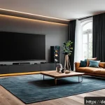 공간음향 디자인의 성과와 평가 - A modern home theater setup in a stylish German living room, featuring a