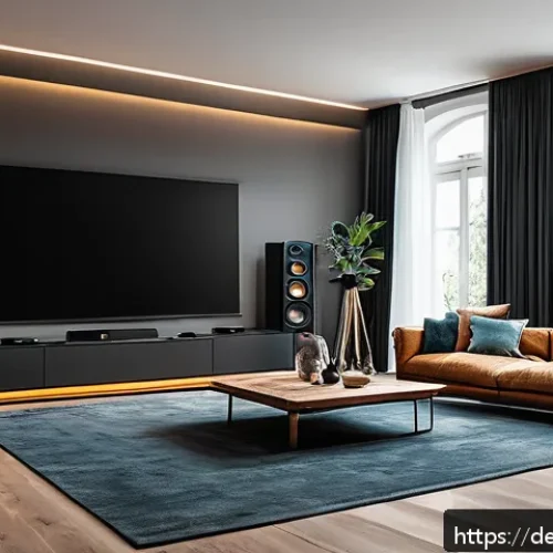 공간음향 디자인의 성과와 평가 - A modern home theater setup in a stylish German living room, featuring a