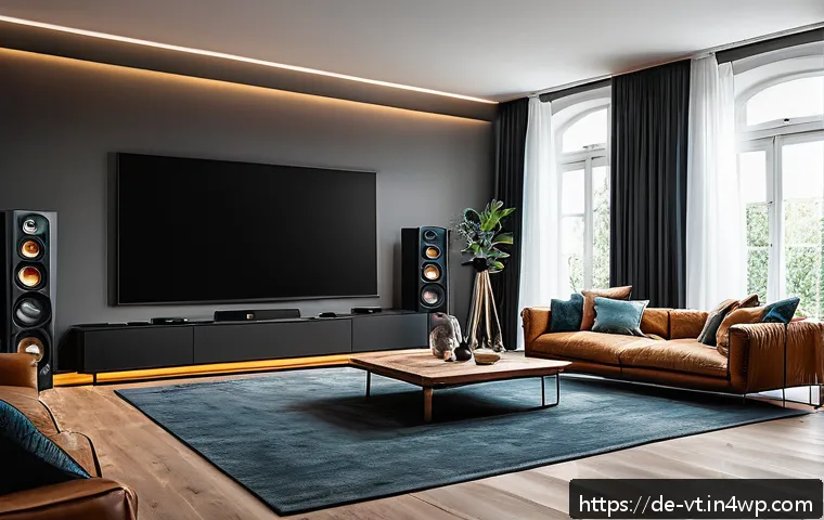 공간음향 디자인의 성과와 평가 - A modern home theater setup in a stylish German living room, featuring a