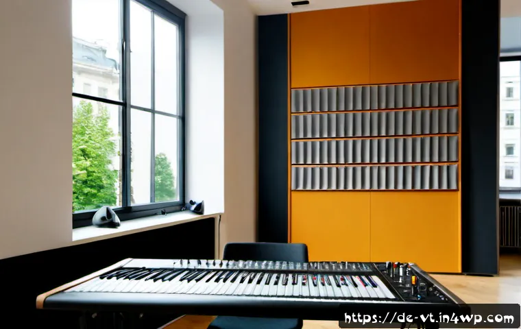 Home 17 공간음향 디자인과 환경 지속 가능성 - Photorealistic modern acoustic design studio in Berlin, a sound engineer arranging recycled felt wal...