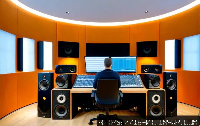 공간음향 디자인의 기초부터 심화까지 - Photorealistic modern immersive audio design studio in Berlin, wide symmetrical composition of a sou...